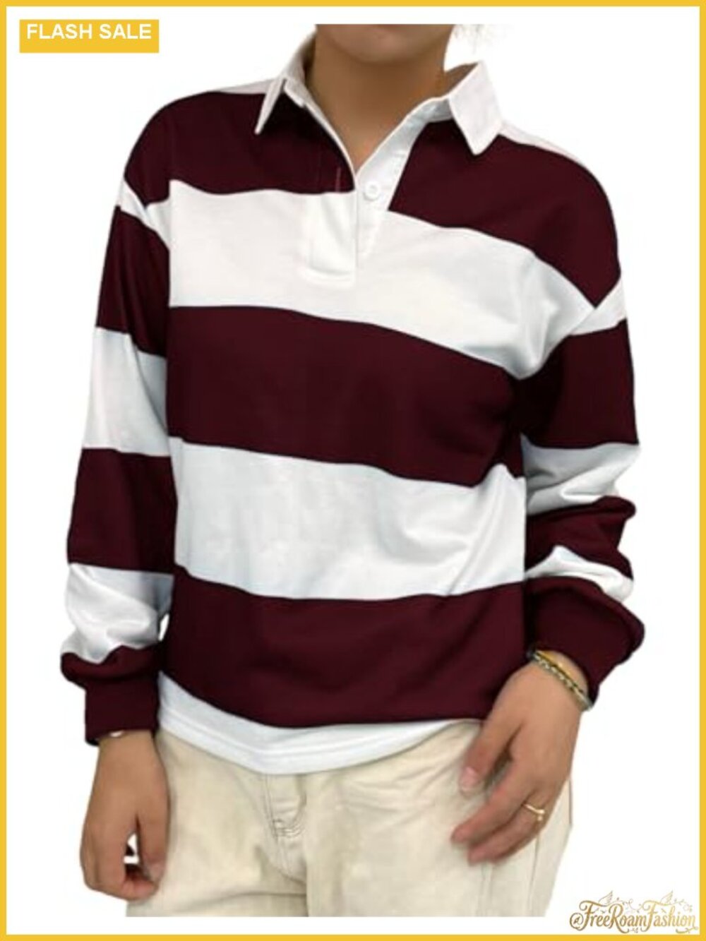 Oversized Striped Polo Sweatshirt Rugby Pullover Long Sleeve